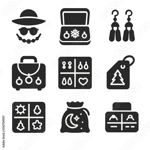 Seasonal Jewelry Icons. Solid, filled icons set of seasonal jewelry organization: summer accessories, winter