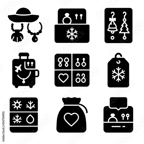 Seasonal Jewelry Icons. Solid, filled icons set of seasonal jewelry organization: summer accessories, winter