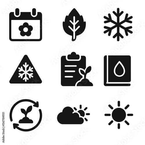 Seasonal Planting Icons. Solid, filled icons set of seasonal planting: spring calendar, autumn leaf, winter