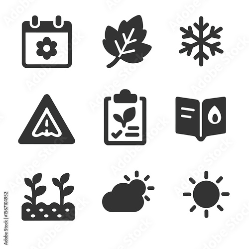 Seasonal Planting Icons. Solid, filled icons set of seasonal planting: spring calendar, autumn leaf, winter