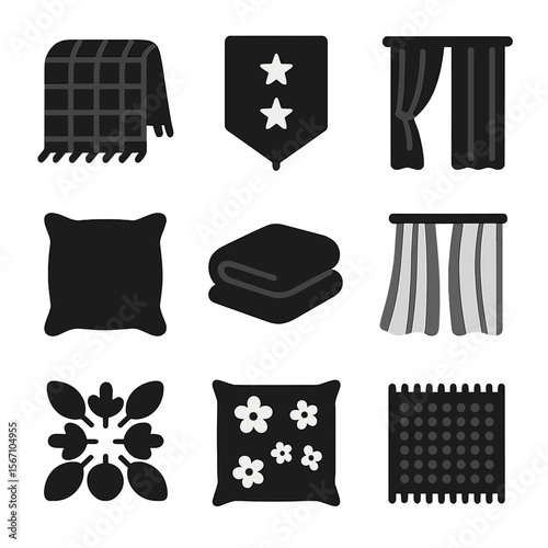 Seasonal Textile Icons. Solid, filled icons set of seasonal textile changes: flannel throw, festive runner,