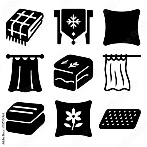 Seasonal Textile Icons. Solid, filled icons set of seasonal textile changes: flannel throw, festive runner,