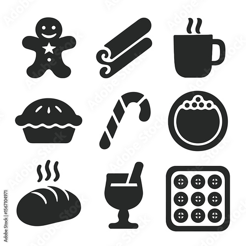 Seasonal Treats Icons. Solid, filled icons set of seasonal foods and treats: gingerbread cookie, cinnamon