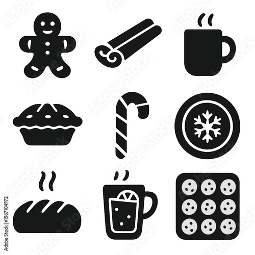 Seasonal Treats Icons. Solid, filled icons set of seasonal foods and treats: gingerbread cookie, cinnamon