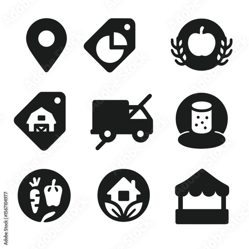 Seasonal Product Icons. Solid, filled icons set of local and seasonal product tags: location pin, seasonal