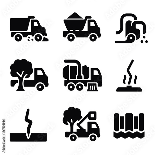 Seasonal Road Tools Icons. Solid, filled icons set of seasonal road maintenance: snowplow, salt spreader,