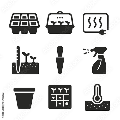 Seed Starting Icons. Solid, filled icons set of seed starting tools: seed tray, humidity dome, heat mat,