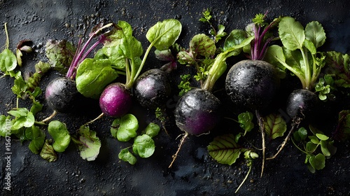 Dynamic flat lay of black radishes and fresh greens on an aged slate, capturing the natural beauty and crunchy texture tailored for innovative, healthy culinary displays