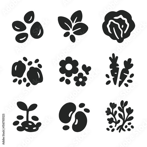 Seed Icons Grid. Solid, filled icons set of types of seeds for potting: tomato seed, basil seed, lettuce seed,