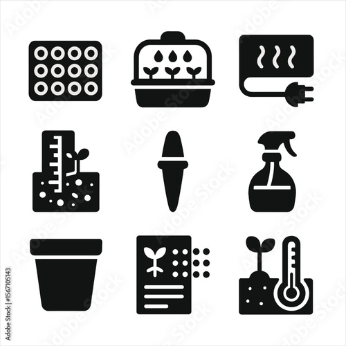 Seed Starting Icons. Solid, filled icons set of seed starting tools: seed tray, humidity dome, heat mat,