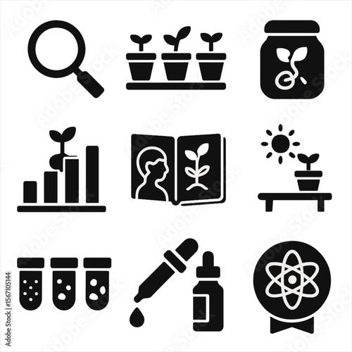 Seed Experiment Icons. Solid, filled icons set of seed experiments in classrooms: magnifying glass, labeled