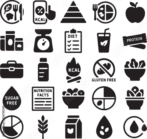 Collection of flat black icons representing healthy eating nutrition diet food choices and lifestyle elements on a white background