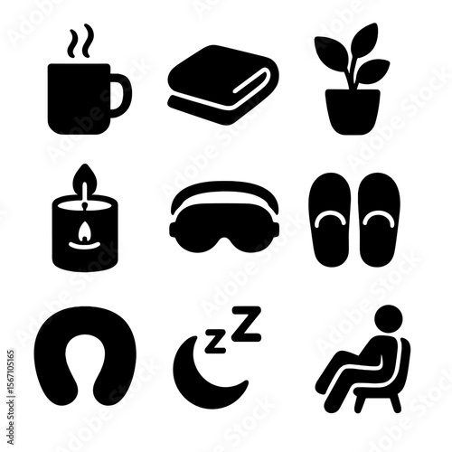 Self-Care Icons Grid. Solid, filled icons set of self-care while reading: tea mug, soft blanket, indoor plant,