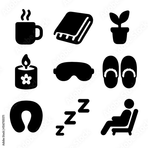 Self-Care Icons Grid. Solid, filled icons set of self-care while reading: tea mug, soft blanket, indoor plant,