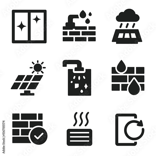 Self-Cleaning Building Icons. Solid, filled icons set of self-cleaning buildings: smart glass, nano coating,