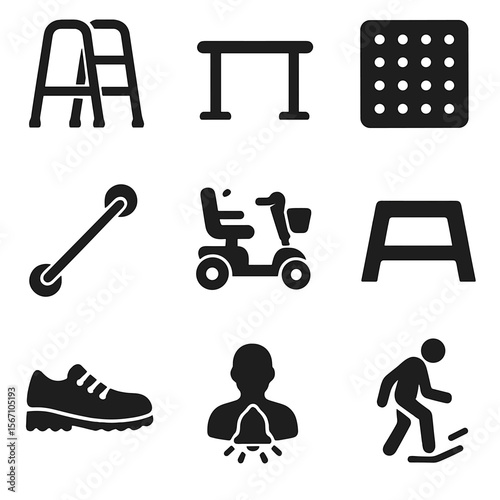 Senior Safety Essentials. Solid, filled icons set of mobility and safety for seniors: walker, handrail,