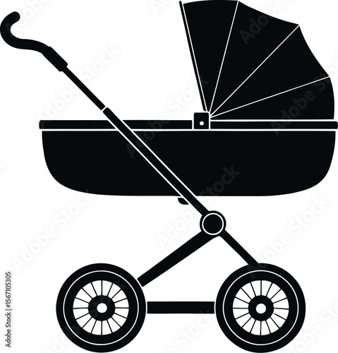 Baby carriage empty, old baby carriage, baby carriage icon, baby stroller icon. Baby pram, stroller silhouette, baby carriage clip art editable vector illustration