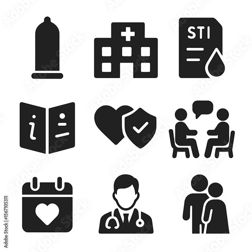 Sexual Health Icons. Solid, filled icons set of sexual health education: condom icon, clinic building, STI