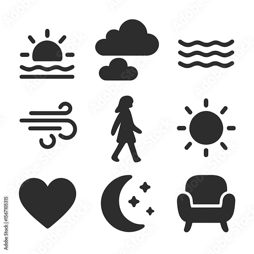 Serene Evening Icons. Solid, filled icons set of sunset and calm evening vibes: setting sun, soft sky, calm