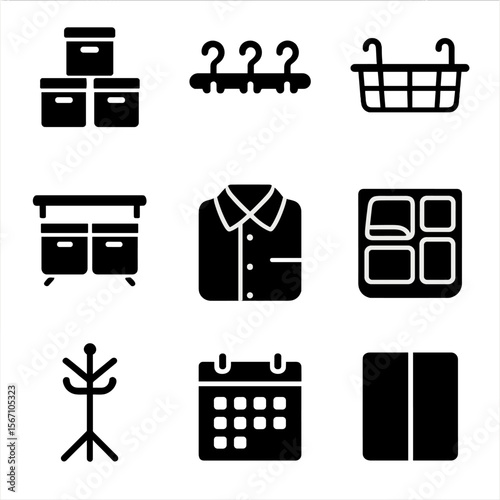 Shared Closet Icons. Solid, filled icons set of organizing shared closet space: stacking boxes, shared hooks,