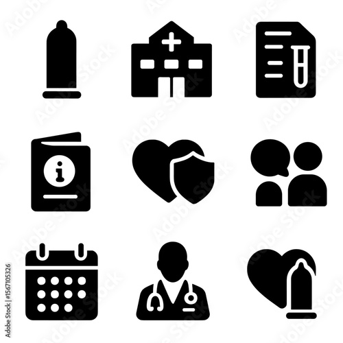Sexual Health Icons. Solid, filled icons set of sexual health education: condom icon, clinic building, STI