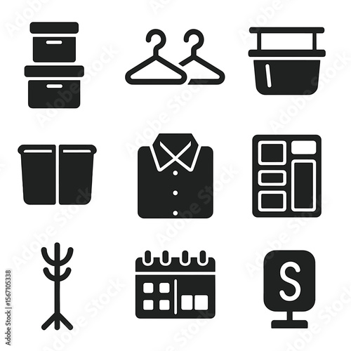 Shared Closet Icons. Solid, filled icons set of organizing shared closet space: stacking boxes, shared hooks,