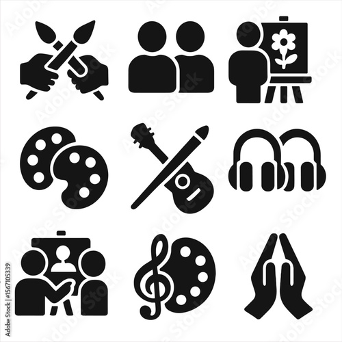 Shared Creativity Icons. Solid, filled icons set of shared creativity in relationships: paintbrush exchange,