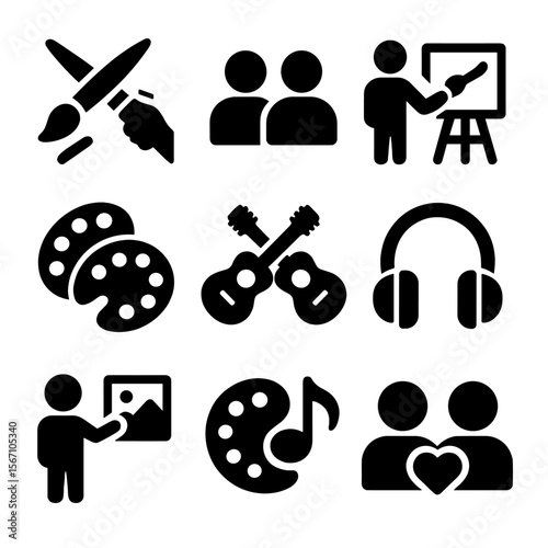 Shared Creativity Icons. Solid, filled icons set of shared creativity in relationships: paintbrush exchange,