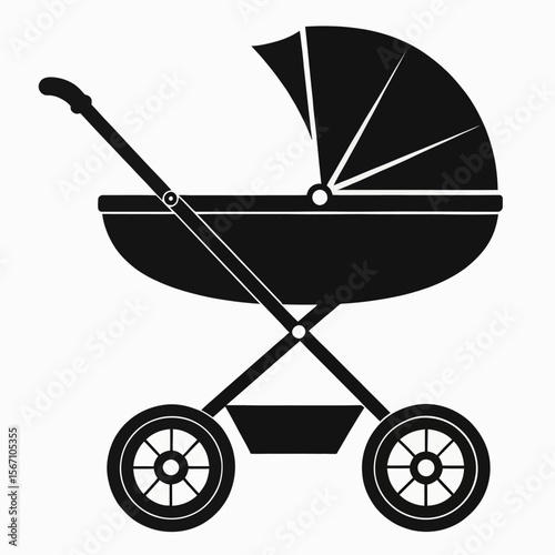 Baby carriage empty, old baby carriage, baby carriage icon, baby stroller icon. Baby pram, stroller silhouette, baby carriage clip art editable vector illustration