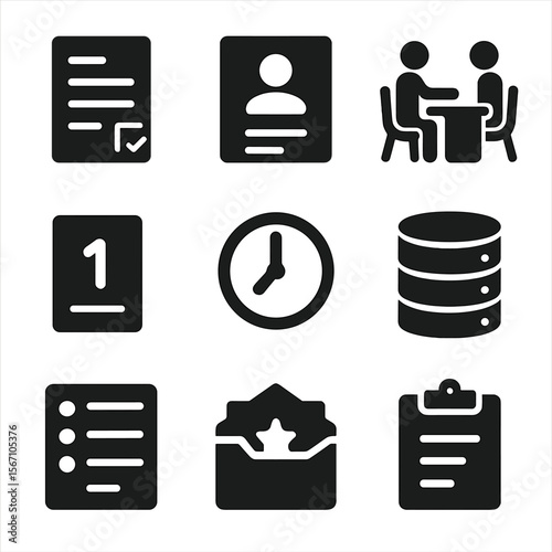 Shelter Intake Icons. Solid, filled icons set of shelter intake and registration: form icon, ID photo,