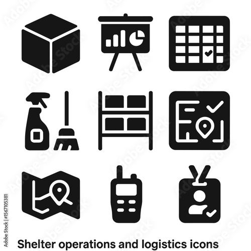 Shelter Operations Icons. Solid, filled icons set of shelter operations and logistics: inventory box, supply
