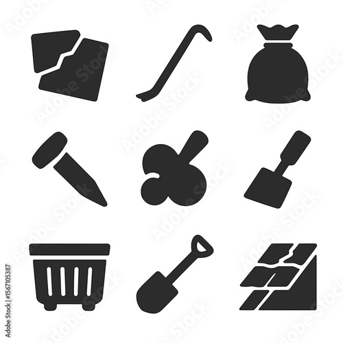 Shingle Removal Icons. Solid, filled icons set of removing old shingles: broken shingle, pry bar tool, debris