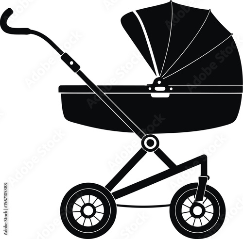 Baby carriage empty, old baby carriage, baby carriage icon, baby stroller icon. Baby pram, stroller silhouette, baby carriage clip art editable vector illustration
