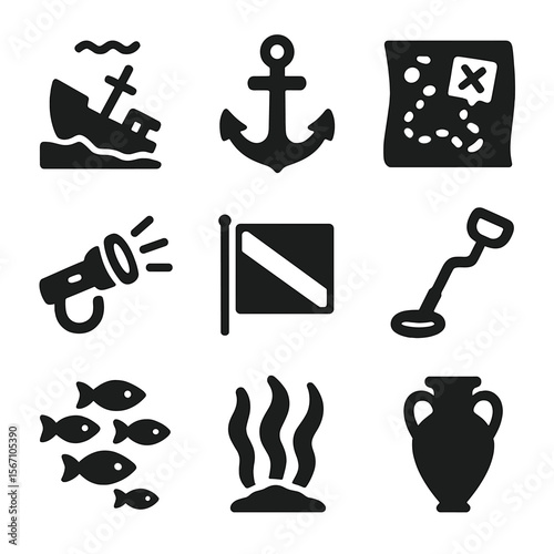Shipwreck Exploration Icons. Solid, filled icons set of shipwreck exploration: sunken ship, anchor, treasure