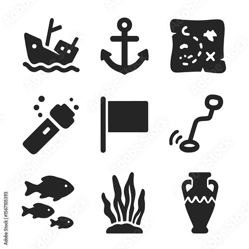 Shipwreck Exploration Icons. Solid, filled icons set of shipwreck exploration: sunken ship, anchor, treasure