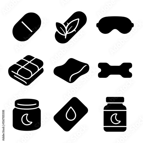 Sleep Aid Icons. Solid, filled icons set of sleep aids and supports: melatonin pill, herbal capsule, eye mask,