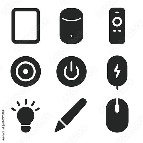 Sleek Gadget Icons. Solid, filled icons set of sleek gadget silhouettes: tablet outline, smart speaker, remote