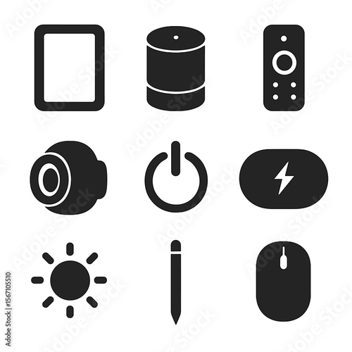 Sleek Gadget Icons. Solid, filled icons set of sleek gadget silhouettes: tablet outline, smart speaker, remote