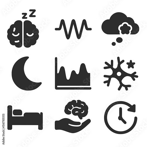 Sleep and Memory Icons. Solid, filled icons set of sleep and memory consolidation: sleeping brain, REM wave,