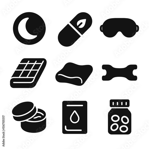 Sleep Aid Icons. Solid, filled icons set of sleep aids and supports: melatonin pill, herbal capsule, eye mask,