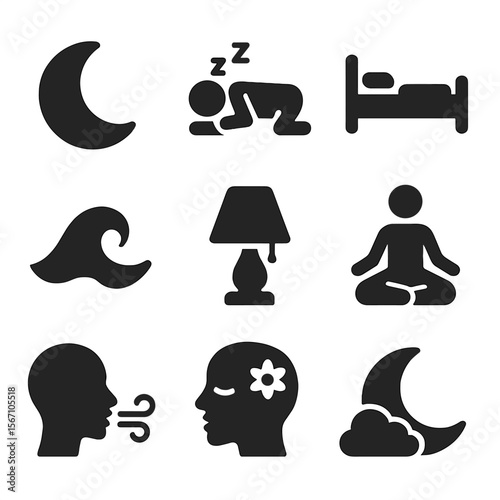 Sleep Icon Collection. Solid, filled icons set of sleep and relaxation habits: moon icon, sleeping figure,