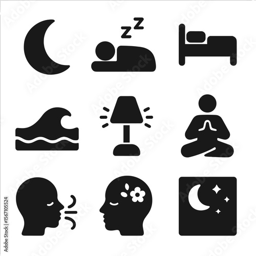 Sleep Icon Collection. Solid, filled icons set of sleep and relaxation habits: moon icon, sleeping figure,
