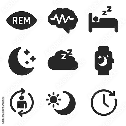 Sleep Cycle Icons. Solid, filled icons set of sleep stages and cycles: REM symbol, brainwave chart, light