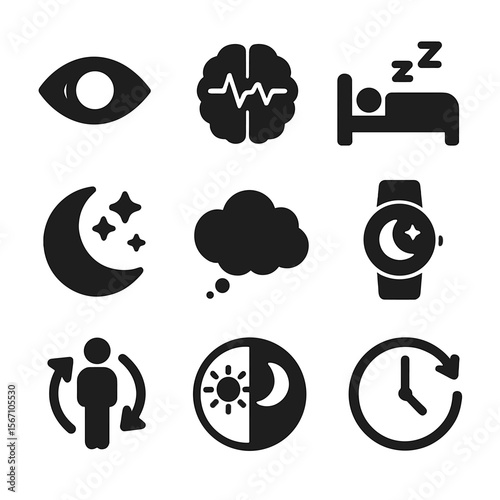 Sleep Cycle Icons. Solid, filled icons set of sleep stages and cycles: REM symbol, brainwave chart, light