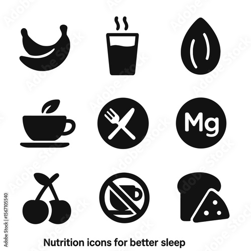 Sleep Nutrition Icons. Solid, filled icons set of nutrition for better sleep: banana, warm milk glass, almond,