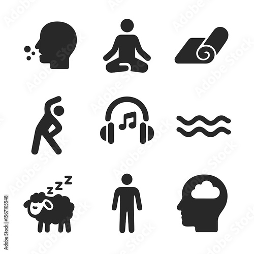 Sleep Relaxation Icons. Solid, filled icons set of relaxation techniques before sleep: breathing icon,