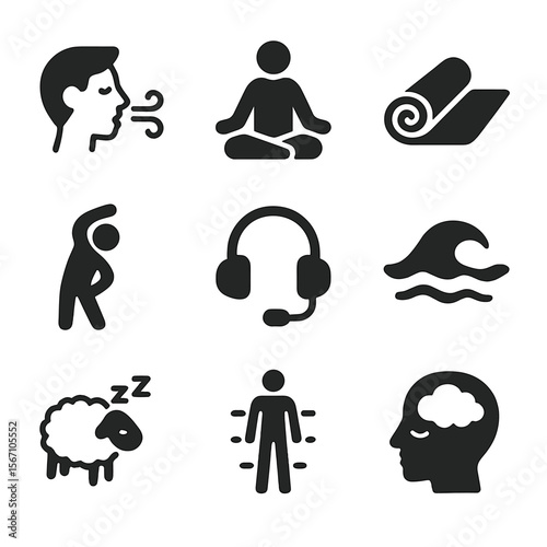 Sleep Relaxation Icons. Solid, filled icons set of relaxation techniques before sleep: breathing icon,