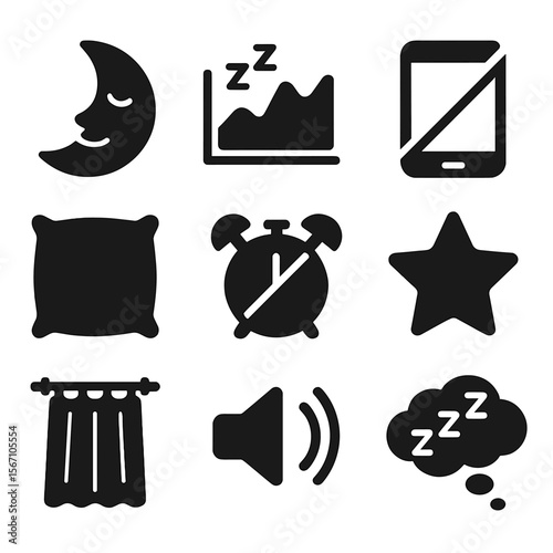 Sleep Wellness Icons. Solid, filled icons set of healthy sleep without screens: moon face, sleep chart, no