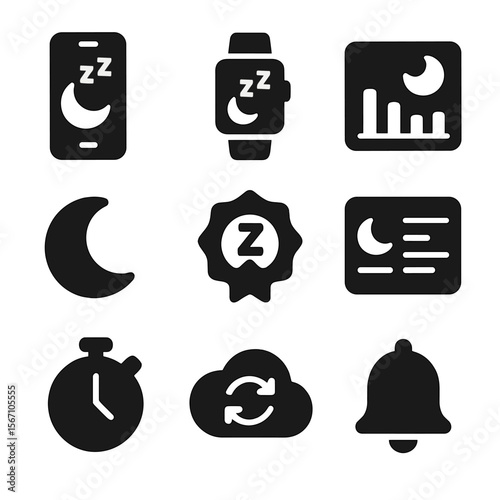 Sleep Tracking Icons. Solid, filled icons set of sleep tracking and apps: smartphone tracker, wearable device,