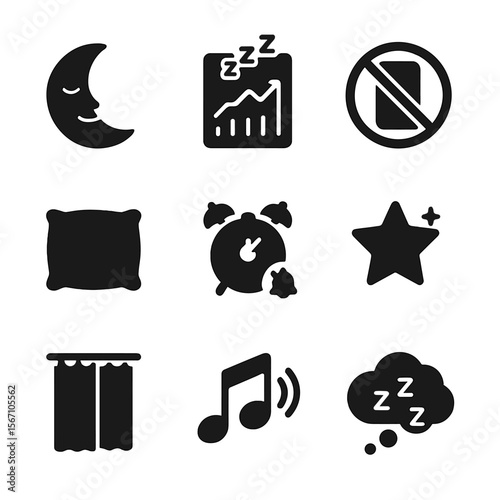 Sleep Wellness Icons. Solid, filled icons set of healthy sleep without screens: moon face, sleep chart, no
